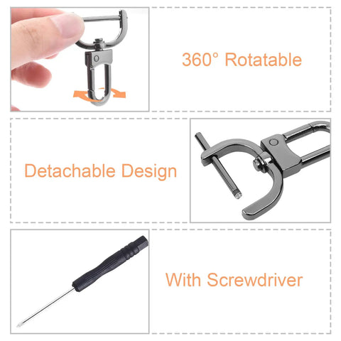 Close-up of Six Pack Three Quarters Inch Detachable Snap Hooks with Swivel Clasps, Metal Lobster Claw Clips, and screwdriver, Gold.
