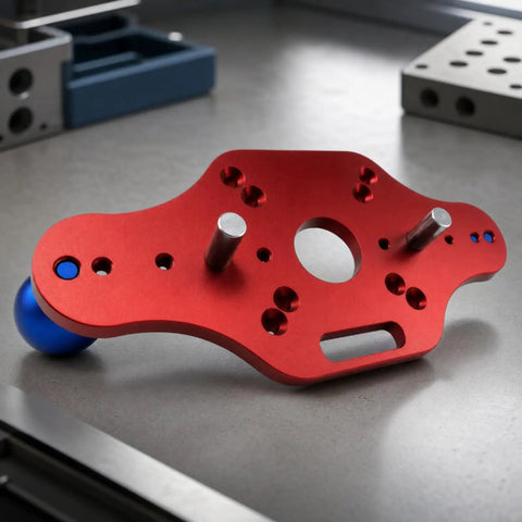 Heavy Duty Trimming Machine Bottom Plate For Woodcraft, anodized metal router base, contoured design, central opening.