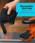 Heavy Duty Belt Sander With Dust Bag 7 Amp Motor 3 Inch By 21 Inch Angled Sanding Belt showing removable dust bag being emptied
