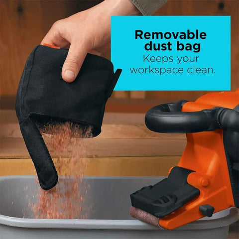 Heavy Duty Belt Sander With Dust Bag 7 Amp Motor 3 Inch By 21 Inch Angled Sanding Belt showing removable dust bag being emptied