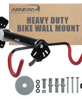 Space Saving Wall Mounted Bike Holder With Adjustable Frame Arm And Soft Rubber Cradles, hardware shown.