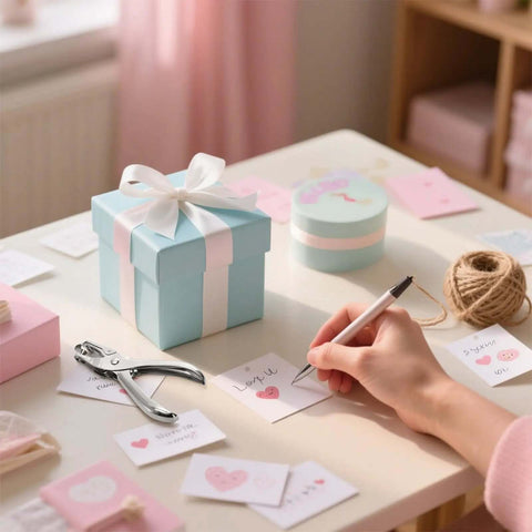 24 Pack Handheld One Hole Punches next to gift tags on a crafts table, highlighting its use for tags, tickets, labels, and crafts.