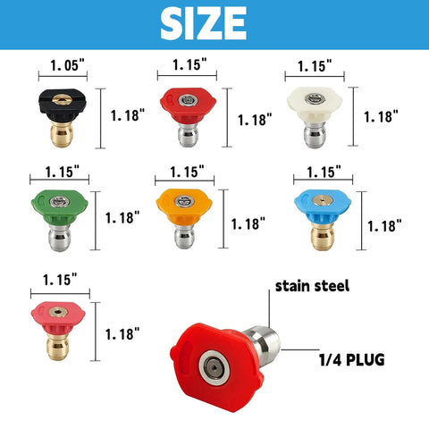 Pressure Washer Nozzle Kit With Holder, 7 Tips For 0 Degree, 15 Degree, 25 Degree, 40 Degree And 65 Degree, 4000 PSI, size details