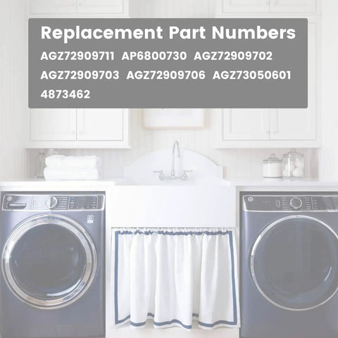 Replacement part numbers for Wash Plate Pulsator Assembly AGZ72909711 AP6800730 796 Series displayed over laundry room