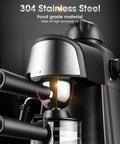 Compact Automatic Espresso Machine For Home Brewing Hot Or Iced Coffee With Built In Milk Frother And Steam Wand showing 304 stainless steel components.