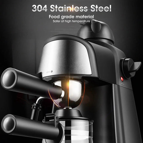 Compact Automatic Espresso Machine For Home Brewing Hot Or Iced Coffee With Built In Milk Frother And Steam Wand showing 304 stainless steel components.