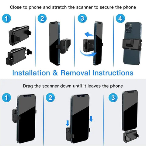 Installation steps for Mini Clip On Bluetooth Barcode Scanner 1D 2D QR PDF417 Data Matrix Wireless Reader For iOS Android iPhone