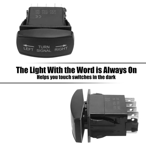 Rugged 12V LED Rocker Switch for Golf Carts UTVs and Dune Buggies with dual LEDs, side and front view of the switch.
