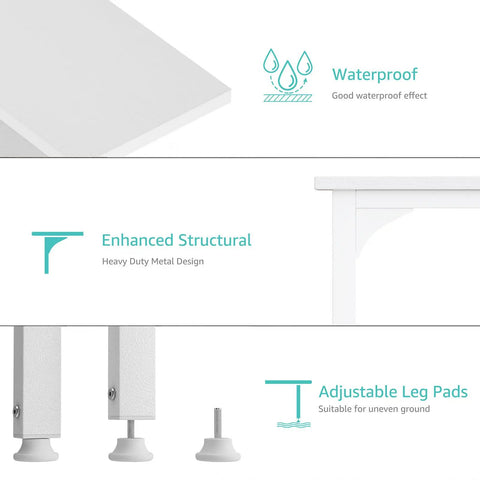White 47 Inch Computer Desk With Fabric Filing Cabinet And Reversible Layout showing waterproof surface and adjustable legs