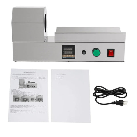 Plug And Play Electric Pvc Bottle Cap Heat Shrinker 110V Tabletop Sealer Adjustable Temp Bad Boy Stainless Build showing machine and manuals.