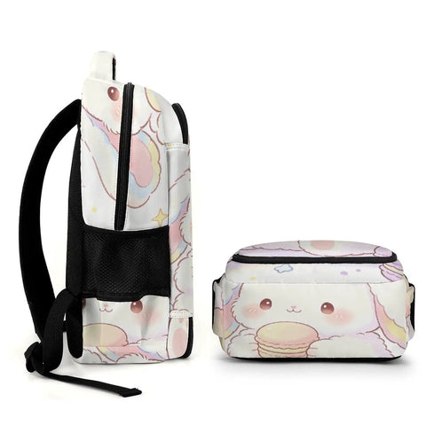 Side view of Rainbow Bow Kawaii Rabbit Printed Unisex Backpack With Large Capacity Durable Polyester School Bag For Teens And Adults