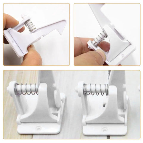 Close-up of 16 Pack Childproof Cabinet Locks For Drawers And Dressers In White ABS, showing spring mechanism and easy installation