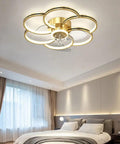 Gold dimmable speed adjustable ceiling fan with light and remote control, acrylic modern smart fan light 60W for bedroom elegance.