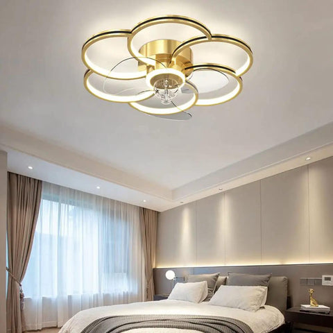Gold dimmable speed adjustable ceiling fan with light and remote control, acrylic modern smart fan light 60W for bedroom elegance.