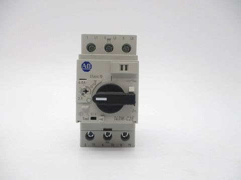 Beefy 140M C2E B40 Series D 690V 2.5 To 4.0A NSMP OEM New Surplus Sealed Circuit Breaker Built For Heavy Duty MRO Panels And Aftermarket Upgrades Today. Front view of gray AB circuit breaker with black rotary handle
