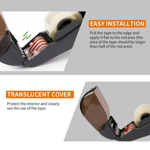 Dead Simple One Handed Automatic Tape Dispenser With Concealed Safety Cutter And Smooth Portable Grip For Quick Office Or Home Packing Tasks Includes Two Bonus Gray Rolls, showing easy installation and translucent cover.