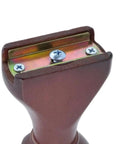 Close-up of Four Pack Wood Curtain Rod Brackets With Return Ends For 1-2/5 Inch Curtain Rods Wall Mount Brown Finish Solid Wood Body With Reinforced Iron Plate Built To Last And Easy Mount, showing reinforced iron plate.