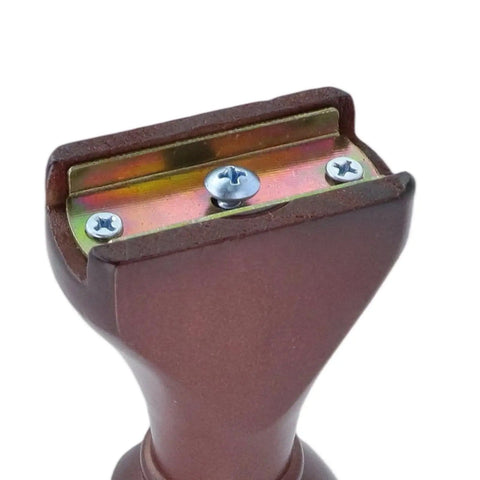 Close-up of Four Pack Wood Curtain Rod Brackets With Return Ends For 1-2/5 Inch Curtain Rods Wall Mount Brown Finish Solid Wood Body With Reinforced Iron Plate Built To Last And Easy Mount, showing reinforced iron plate.