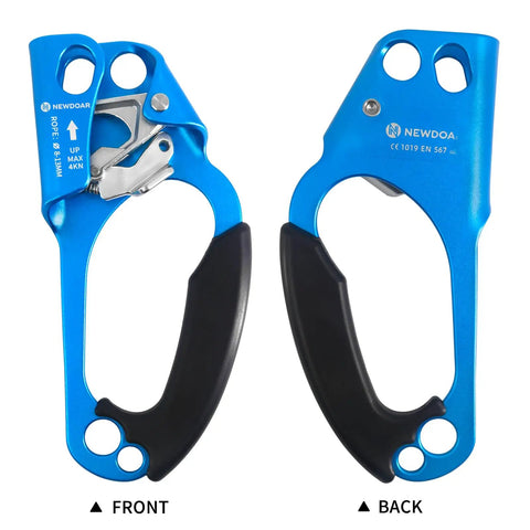 Front and back view of Right Hand Rope Ascender For 8 To 13mm Rope, Ultra Lightweight Aluminum Rope Clamp, Blue Right