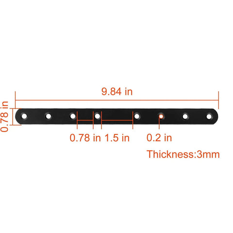 Built Tough Heavy Duty Mending Plates Black Corner Brackets 10 Inch Reinforcement Supports For Furniture Repair Wood Shelf Fixing Hardware Rust Proof Steel Flat Angle Connectors Quick Install Easy Fix 20 Pack dimensions with 8 holes.