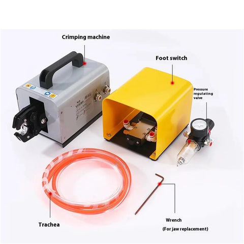 Top Notch Heavy Duty Pneumatic Crimping Machine JH-60L components including crimping machine, foot switch, and accessories.
