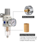 Front view of LNCHKA pneumatic filter-regulator with gauge, 1/4" NPT, water separator, brass cartridge, metal bracket