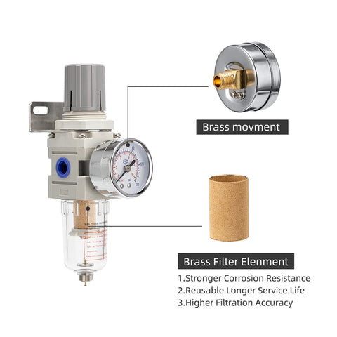 Front view of LNCHKA pneumatic filter-regulator with gauge, 1/4" NPT, water separator, brass cartridge, metal bracket