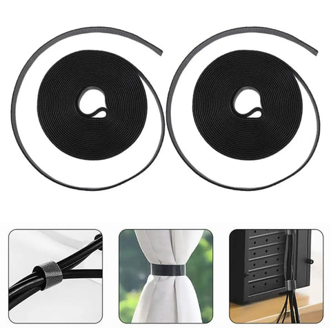 Keep Your Workstation Crisp With These Hella Durable Reusable Hook And Loop Cable Ties For Seamless Daily Cord Organization Clean Wire Management And Firm Bundling In Black, displayed in rolls.