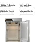 Heavy Duty Commercial Reach In Freezer 23 Inch Single Section Right Hinged Split Doors Electronic Led Controls Built Rock Solid For Bustling Restaurant Kitchens And Quick Food Prep showing interior with adjustable shelving and LED display.