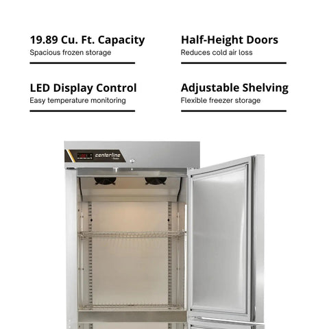 Heavy Duty Commercial Reach In Freezer 23 Inch Single Section Right Hinged Split Doors Electronic Led Controls Built Rock Solid For Bustling Restaurant Kitchens And Quick Food Prep showing interior with adjustable shelving and LED display.