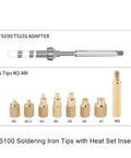 TS100 TS101 Soldering Iron Tips Kit with Brass M2 to M8 Heat Set Inserts shown with adapter and insert sizes