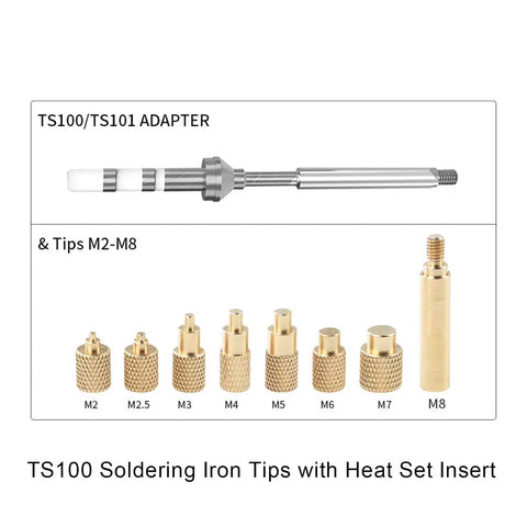 TS100 TS101 Soldering Iron Tips Kit with Brass M2 to M8 Heat Set Inserts shown with adapter and insert sizes