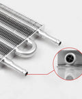 Heavy Duty 4 Row Aluminum Transmission Oil Cooler Universal Kit With 6 Pass Tube And Fin Design, Includes 6 AN Lines For Engine Cooling, Extends Lifespan, Reduces Heat And Keeps Your Ride Crisp. 4-row aluminum cooler with hose ports
