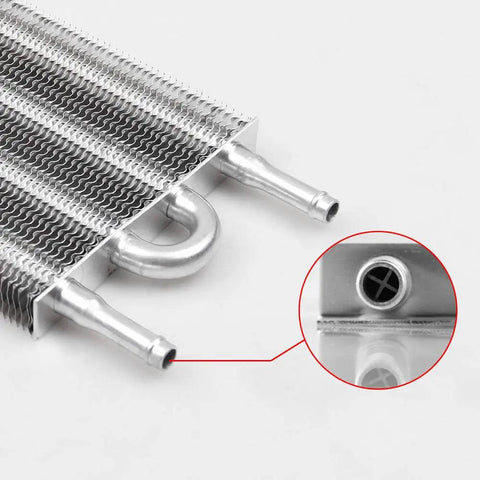 Heavy Duty 4 Row Aluminum Transmission Oil Cooler Universal Kit With 6 Pass Tube And Fin Design, Includes 6 AN Lines For Engine Cooling, Extends Lifespan, Reduces Heat And Keeps Your Ride Crisp. 4-row aluminum cooler with hose ports