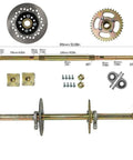 32 Inch Rear Live Axle Kit With 420 Sprocket And Brake Caliper, 145/70-6 Tubeless Tires, Pillow Block Bearings, components displayed.