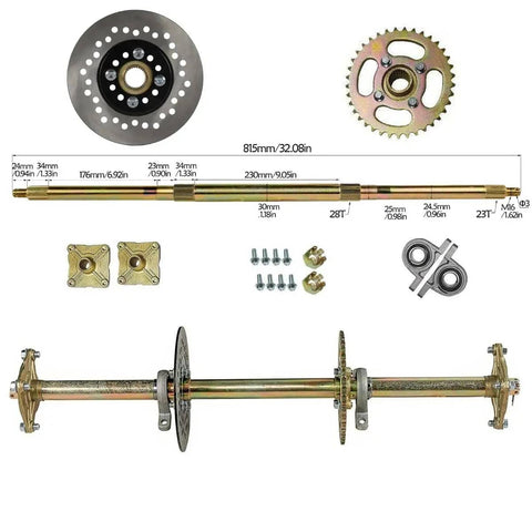 32 Inch Rear Live Axle Kit With 420 Sprocket And Brake Caliper, 145/70-6 Tubeless Tires, Pillow Block Bearings, components displayed.