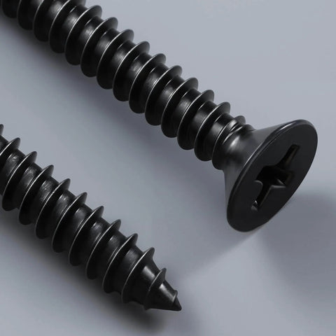 Close-up of black Dacromet coated screws from Must Have Wood Screws Assortment Kit For Woodworking And DIY Projects, 289 Pieces.