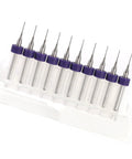 Pro Grade Tungsten Carbide Drill Bits 10 Piece Kit for Detailed Work and PCB Prototyping displayed in transparent holder