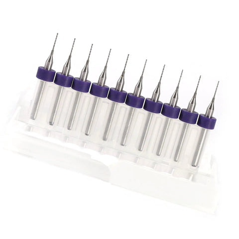 Pro Grade Tungsten Carbide Drill Bits 10 Piece Kit for Detailed Work and PCB Prototyping displayed in transparent holder