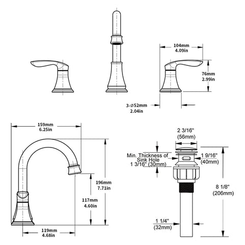 Technical diagram of Two-Handle Eight Inch Widespread Bathroom Sink Faucet Matte Black Lavatory Faucet Three Hole 360 Degree Swivel Spout
