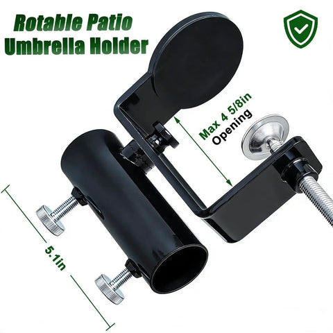Heavy Duty Steel Umbrella Clamp That Attaches Anywhere A Deck Rail Or Boat Rail 360 Degree Rotatable Umbrella Holder with double thumbscrews black