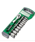 Heavy Duty One Quarter Inch Drive Ratchet And Socket Set Crafted From Rugged Chrome Vanadium Steel Packed With Versatile Sizes in green case.