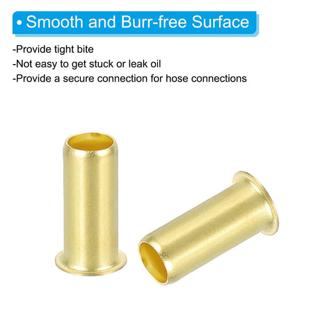 Close-up of brass compression inserts kit 25 piece 8mm OD by 6mm ID tube fittings showing smooth surface and secure connection.