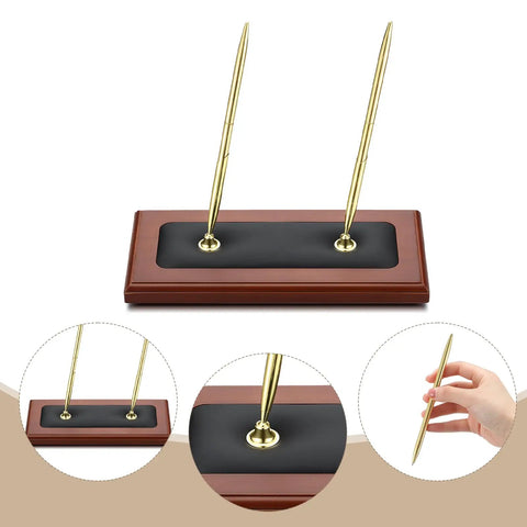 Wood And Leather Double Pen Holder Desk Set With Two Black Pens, featuring gold accents on a sleek wood base.