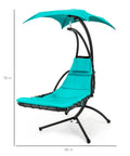 Outdoor Hanging Curved Steel Chaise Lounge Chair Swing With Built In Pillow And Removable UV Resistant Canopy Teal for Relaxation