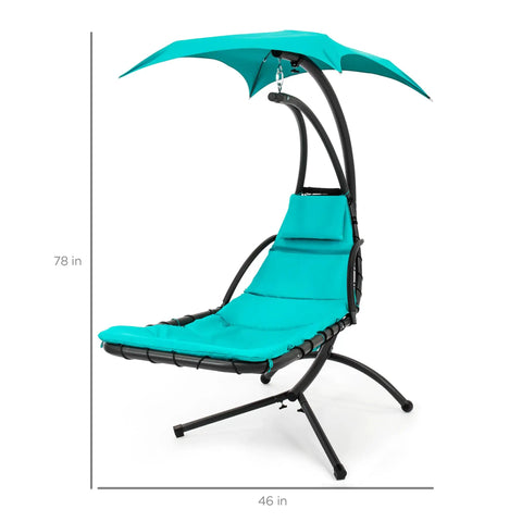 Outdoor Hanging Curved Steel Chaise Lounge Chair Swing With Built In Pillow And Removable UV Resistant Canopy Teal for Relaxation