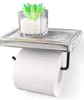 Rustic Wood Toilet Paper Holder with shelf, black metal accents, succulent, whitewashed pine wood, bathroom organizer, wall-mounted.
