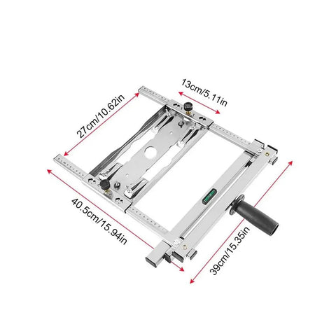 Angled front view of stainless steel machining vise wood positioning guide tool with ruler scales and adjustable clamps.