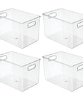 4-pack clear deep plastic storage bins with built-in handles for cube shelving, ideal for office, closet, bedroom organization.