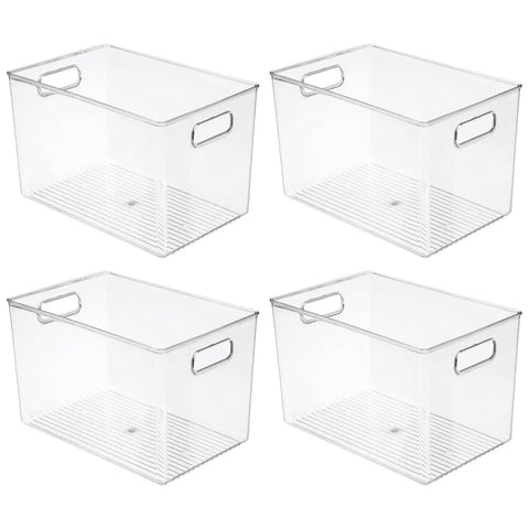 4-pack clear deep plastic storage bins with built-in handles for cube shelving, ideal for office, closet, bedroom organization.